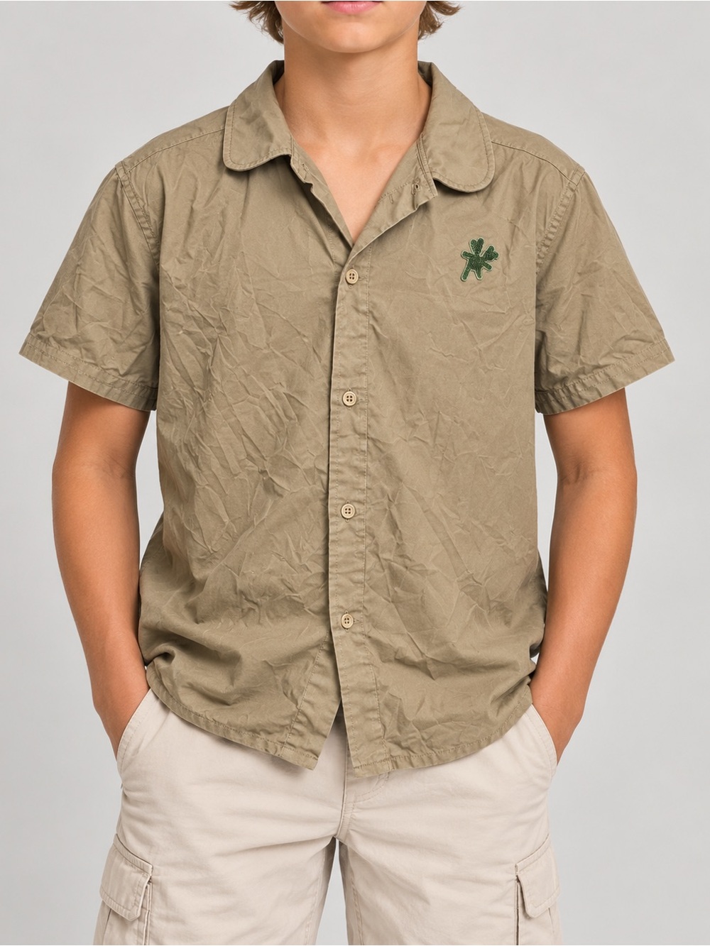 Short-Sleeve Button-Front Shirt in Olive with Embroidered Detail